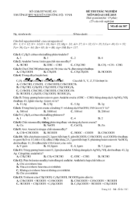 Đề 2 thi trắc nghiệm môn hóa 11 hè 2015 thời gian làm bài 45 phút